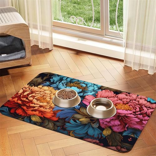 WZYCWB 40 x 60 cm Pfingstrosen gemustertes Haustier-Tischset, Futtermatte – für Katzen- und Hundefutter-Matten, faltbar und einfach zu verstauen von WZYCWB
