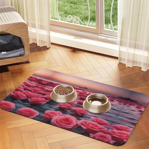 WZYCWB 40 x 60 cm Rosen am Meer bedruckte saugfähige Haustier-Tischsets – rutschfeste Futtermatten für Hunde und Katzen, Futternäpfe und Wasser-Tischsets von WZYCWB