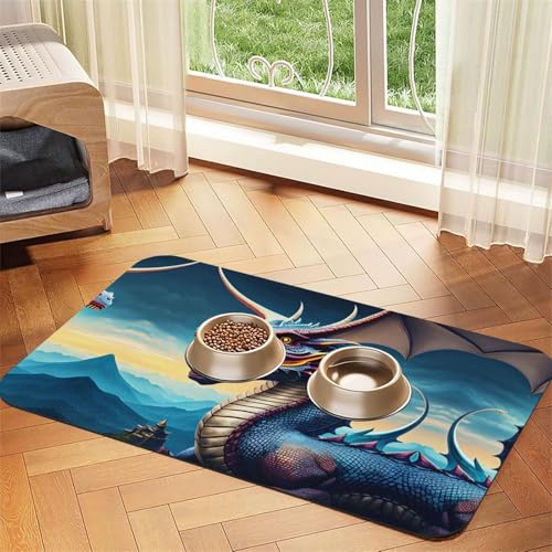 WZYCWB 40 x 60 cm große Futternapf-Matte mit brüllendem Drachen-Motiv, für Katzen- und Hundefutter, faltbar und einfach zu verstauen von WZYCWB