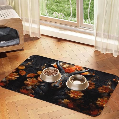 WZYCWB 40 x 60 cm schwarze Antilope mit Blumen gemusterte Haustier-Tischset, Futtermatte – für Katzen- und Hundefutter-Matten, faltbar und einfach zu verstauen von WZYCWB