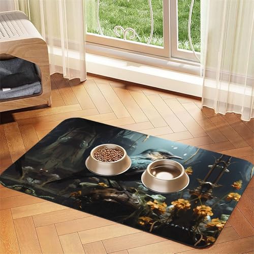 WZYCWB 40 x 60 cm schwarzes Vogel- und Blumenmuster-Haustier-Tischset, Futtermatte – für Katzen- und Hundefutter-Matten, faltbar und einfach zu verstauen von WZYCWB