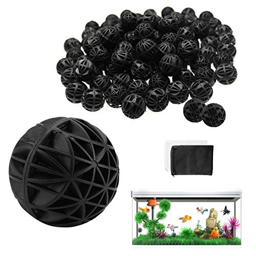 WZYTEU 100 Stück Bio Filterbälle,26 mm Bio Balls für Filtration Reinigung Aquarium Teich Wasserfall brunnen,Filtermaterial für EX Außenfilter(Hergeben:2 Stücke Aquarium Filtertüten) von WZYTEU