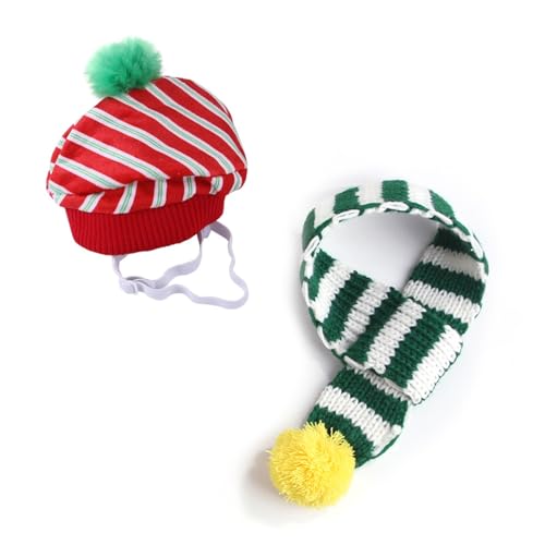 WaLdor Feiertags-Haustierkostüm Haustier-Weihnachtsschal- und Mützen-Set, kreative Lätzchen-Karomütze, Strickschal-Set for Katzen und Hunde Haustier-Feiertagskostüm-Anzug (Color : A, Size : S) von WaLdor