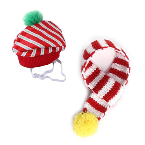 WaLdor Feiertags-Haustierkostüm Haustier-Weihnachtsschal- und Mützen-Set, kreative Lätzchen-Karomütze, Strickschal-Set for Katzen und Hunde Haustier-Feiertagskostüm-Anzug (Color : B, Size : S) von WaLdor