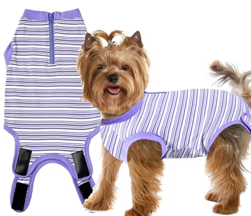 Chirurgischer Genesungsanzug für Hunde, chirurgischer Genesungsanzug für kleine Frauen, mit Reißverschluss, gekämmte Baumwolle, atmungsaktiver Einteiler, lila gestreift, Größe S von Wabdhaly