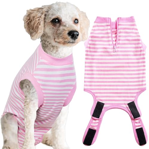 Wabdhally Hunde-Operationsanzug, chirurgischer Anzug für kleine Hündinnen und Katzen, weiche, gekämmte Baumwolle, gestreifter rosa Einteiler, XS von Wabdhaly