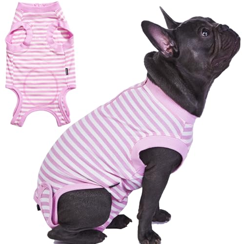Wabdhally Chirurgie-Genesungsanzug für Hunde, OP-Anzug für mittelgroße Hündinnen, weiche gekämmte Baumwolle, gestreifter rosa Reißverschluss, Einteiler mit Reißverschluss, Größe M von Wabdhaly