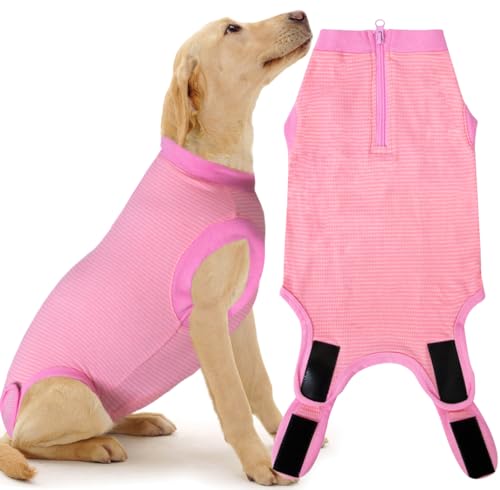 Wabdhaly Chirurgischer Genesungsanzug für Hunde, chirurgischer Genesungsanzug für große weibliche Dgos, Spay, Reißverschluss, gekämmte Baumwolle, atmungsaktiver Einteiler, Mädchen, rosa gestreift, von Wabdhaly