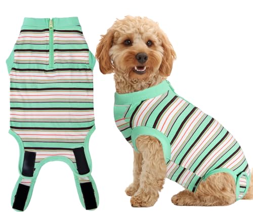 Chirurgischer Genesungsanzug für Hunde, chirurgischer Genesungsanzug für mittelgroße weibliche Dgos, mit Reißverschluss, gekämmte Baumwolle, atmungsaktiver Einteiler, mehrfarbig grün gestreift, Größe von Wabdhaly