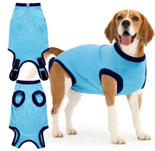 Wabdhaly Spay Genesungsanzug für Hunde, groß, Blau, Chirurgie, Erholungseinteiler, Reißverschluss, Anti-Lecken, Kegel-Alternative, Blau, XXXL von Wabdhaly