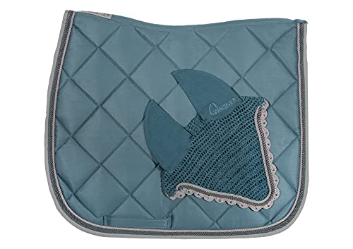 WAGNER Dressur Schabracke mit Fliegenhaube und Strass-Steinen Vintage BLAU-GRAU VIOLETT von Wagner