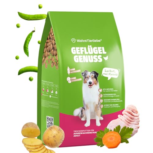 WAHRE TIERLIEBE - Geflügel Genuss - Premium Hundefutter Trocken, Made in Germany I Trockenfutter für Hunde, Getreidefrei & ohne Zuckerzusatz, Perfekt für Muskelaufbau & EIN Gesundes Fell von Wahre Tierliebe