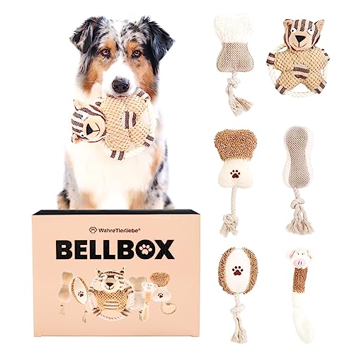 Wahre Tierliebe Bellbox - All in One Hundespielzeug I Spielzeugbox für Hunde | 6X spannende Quietsch, Kau & Seil Spielzeuge für den Spiel und Kautrieb I Robustes Zerrspielzeug (6X Stück mit Box) von Wahre Tierliebe