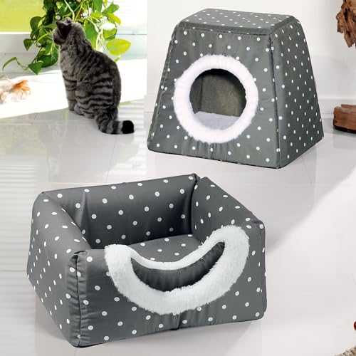 Waidmeister Katzenhöhle 2 in 1 - Verwandelbar von Einer Haustierhöhle in EIN Haustierkörbchen - für Katzen und kleine Hunde geeignet, Größe:38x30x35 cm, Farbe:Grau mit Punkten von Waidmeister