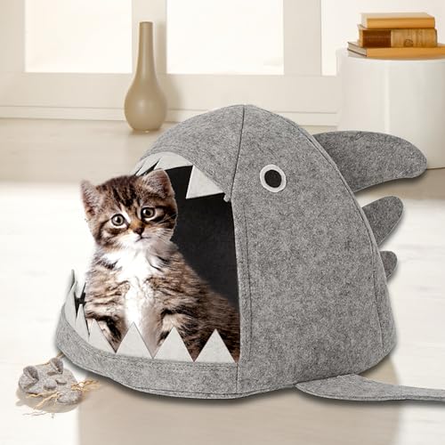 Waidmeister Katzenhöhle Hai - Katzenbett mit einzigartigem Design - Katzenhaus mit Innenkissen - OEKOTEX, waschbar, formstabil und strapazierfähig, Größe:64x35x50 cm, Farbe:Grau von Waidmeister