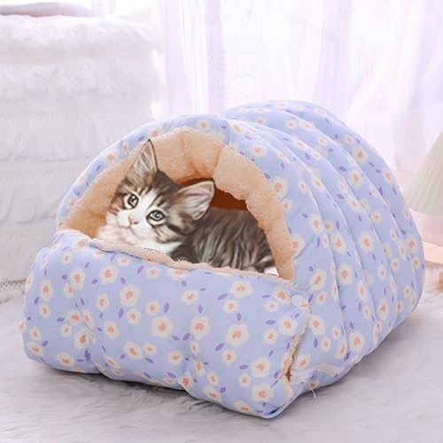 2-in-1-Katzenhaus für den Innenbereich, überdachtes Hundebett, superweicher Unterschlupf, Luxus-Katzenhöhle mit abnehmbarem, warmem Schlafkissen, Kissen, Sofa für Katzen (Blau, M-65 x 40 x 25 cm) von Waigg Kii