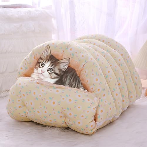 2-in-1-Katzenhaus für den Innenbereich, überdachtes Hundebett, superweicher Unterschlupf, Luxus-Katzenhöhle mit abnehmbarem, warmem Schlafkissen, Kissen, Sofa für Katzen (Gelb, M-65 x 40 x 25 cm) von Waigg Kii