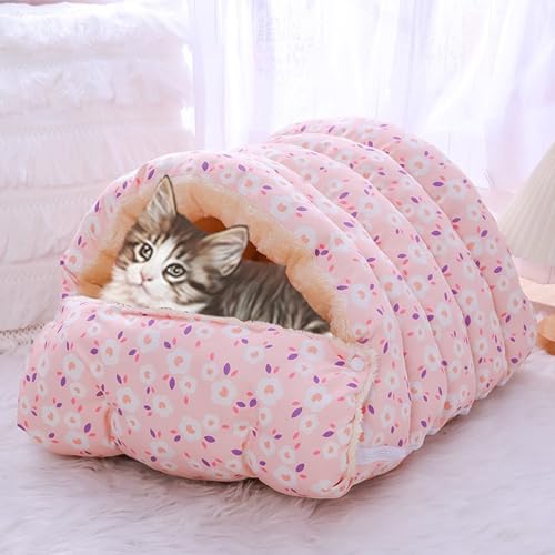 2-in-1-Katzenhaus für den Innenbereich, überdachtes Hundebett, superweicher Unterschlupf, Luxus-Katzenhöhle mit abnehmbarem, warmem Schlafkissen, Kissen, Sofa für Katzen (Rosa, M-65 x 40 x 25 cm) von Waigg Kii