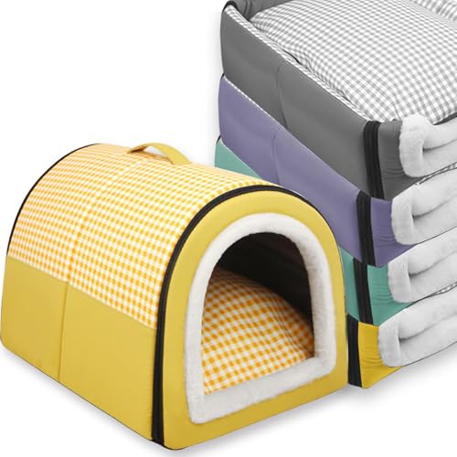 2-in-1 großes Hundebett, Haustierhöhle, wasserdicht, Luxus-Hundehütte, abnehmbar, beruhigende Matte, faltbar, waschbar, Haustier-Iglu-Bett, Innenhütte, rutschfest, Größe XL 70 x 55 x 45 cm, Gelb von Waigg Kii