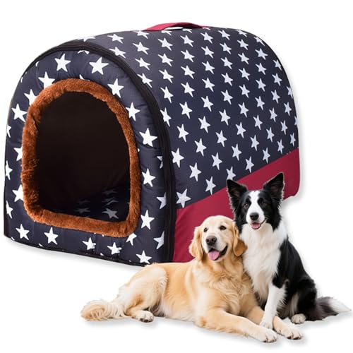 Großes Hundebett, 2-in-1-Hundehütte, beruhigende Hundehütte, waschbar, warme Haustierhöhle, wasserdicht, luxuriöses Haustierbett, abnehmbar, Anti-Angst, Outdoor-Hundehaus, Katzenbetten (F,L-59,9 x 48 von Waigg Kii