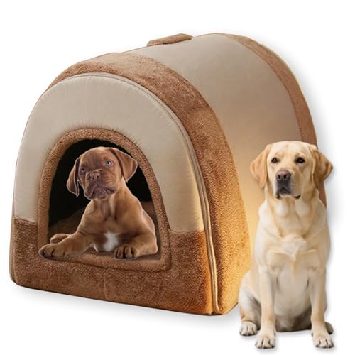 Großes Hundebett, 2-in-1-Hundehütte für Katzen, luxuriös, beruhigend, warm, Anti-Angstzustände, waschbar, abnehmbares Haustierbett, rutschfeste Unterseite, Braun, 80 x 60 x 60 cm - 2XL) von Waigg Kii