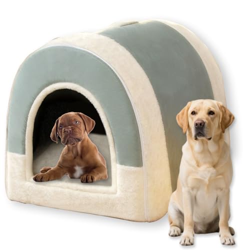 Großes Hundebett, 2-in-1-Hundehütte für Katzen, luxuriös, beruhigend, warm, Anti-Angstzustände, waschbar, abnehmbares Haustierbett, rutschfeste Unterseite, Grün, 80 x 60 x 60 cm - 2XL) von Waigg Kii
