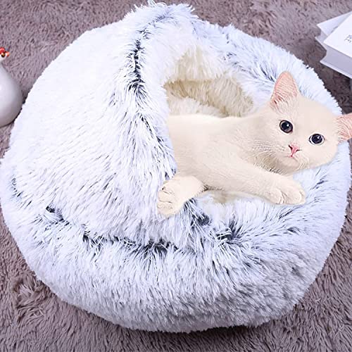 Haustierbett Katzenhöhle Bett, beruhigendes Katzenzelt, weich, warm, flauschig, 2-in-1-Katzenschlafkissen, Katzenbett mit Kapuze, rutschfest, waschbar (35 cm, Grau-A) von Waigg Kii