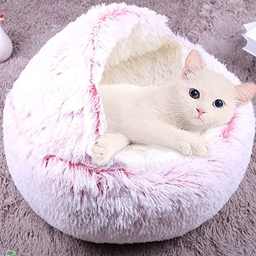 Haustierbett Katzenhöhle Bett, beruhigendes Katzenzelt, weich, warm, flauschig, 2-in-1-Katzenschlafkissen, Katzenbett mit Kapuze, rutschfest, waschbar (35 cm, Pink-A) von Waigg Kii