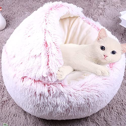 Haustierbett Katzenhöhle Bett, beruhigendes Katzenzelt, weich, warm, flauschig, 2-in-1-Katzenschlafkissen, Katzenbett mit Kapuze, rutschfest, waschbar (35 cm, Pink-B) von Waigg Kii