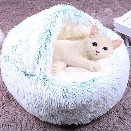 Haustierbett Katzenhöhle Bett, beruhigendes Katzenzelt, weich, warm, flauschig, 2-in-1-Katzenschlafkissen, Katzenbett mit Kapuze, rutschfest, waschbar (35 cm, grün-A) von Waigg Kii