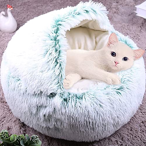 Haustierbett Katzenhöhle Bett, beruhigendes Katzenzelt, weich, warm, flauschig, 2-in-1-Katzenschlafkissen, Katzenbett mit Kapuze, rutschfest, waschbar (35 cm, grün-B) von Waigg Kii