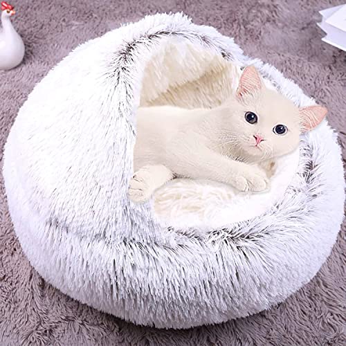 Haustierbett Katzenhöhle Bett, beruhigendes Katzenzelt, weich, warm, flauschig, 2-in-1-Katzenschlafkissen, Katzenbett mit Kapuze, rutschfest, waschbar (50 cm, Braun-A) von Waigg Kii