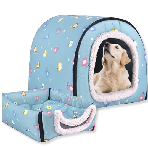Hundebett, 2-in-1-Hundehütte, warm, waschbar, große Haustierhöhle, wasserdicht, luxuriöses Haustierhaus, abnehmbar, Anti-Angst-Hütte, Iglu-Katzenbetten für drinnen und draußen, A, 45 x 36 x 35 cm von Waigg Kii