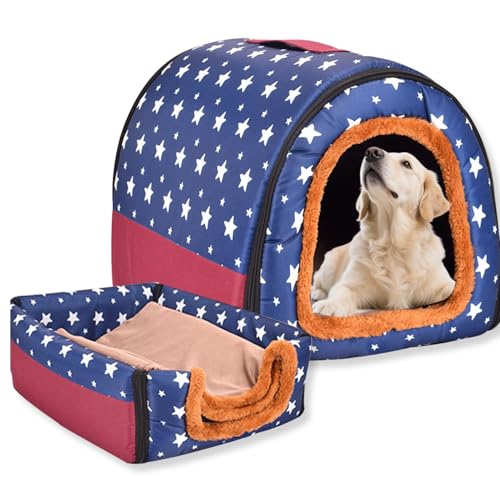 Hundebett, 2-in-1-Hundehütte, warm, waschbar, große Haustierhöhle, wasserdicht, luxuriöses Haustierhaus, abnehmbar, Anti-Angst-Hütte, Iglu-Katzenbetten für drinnen und draußen, F, 60 x 48 x 42 cm von Waigg Kii