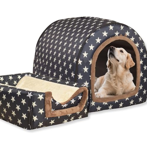 Hundebett, 2-in-1-Hundehütte, warm, waschbar, große Haustierhöhle, wasserdicht, luxuriöses Haustierhaus, abnehmbar, Anti-Angst-Hütte, Iglu-Katzenbetten für drinnen und draußen, L, 90 x 68 x 66 cm von Waigg Kii