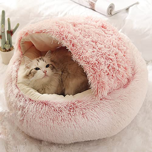 Katzenhöhle Bett Haustier Zelt Kapuze Katzenbett Weicher Plüsch Donut Katzenschlafsack Winter Warm Flauschiges Hundekissen Rutschfest Waschbar (35 cm, Samt-Pink) von Waigg Kii