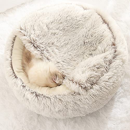 Katzenhöhle Bett Haustierzelt Kapuze Katzenbett Weicher Plüsch Donut Katzenschlafsack, Winter Warm Flauschiges Hundekissen Rutschfest Waschbar (40 cm, Samt-Kaffee) von Waigg Kii