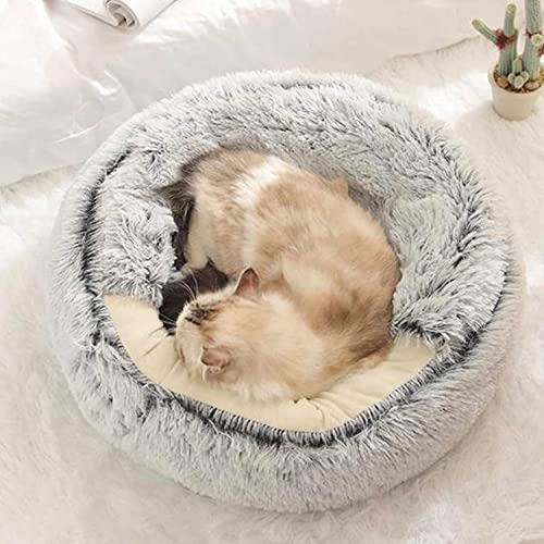 Katzenhöhle Bett Haustierzelt mit Kapuze, weicher Plüsch-Donut-Katzenschlafsack, Winter, warm, flauschig, rutschfest, waschbar (40 cm, Samtgrau) von Waigg Kii