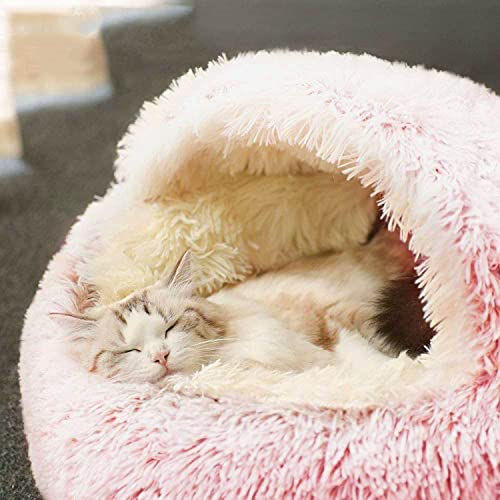 Katzenhöhle Bett Haustierzelt mit Kapuze, weicher Plüsch-Donut-Katzenschlafsack, Winter, warm, flauschig, rutschfest, waschbar (50 cm, Plüsch-Pink) von Waigg Kii