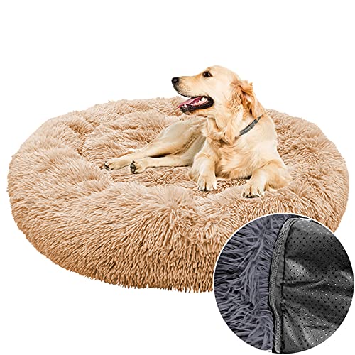 Plüsch-Hundebett, Donut, rund, weich, kuschelig, flauschiges Kissen, Haustierbetten für große, mittelgroße und kleine Hunde und Katzen, waschbar, 110 cm, Beige von Waigg Kii