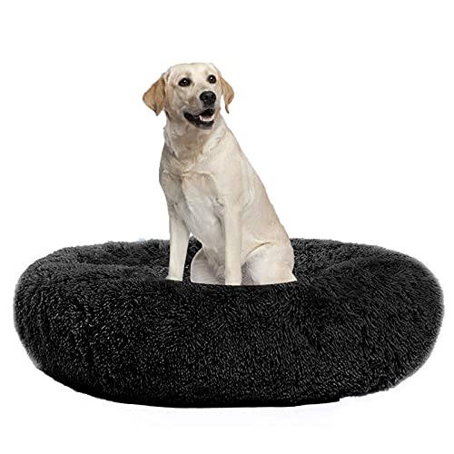 Waigg Kii Hundebett aus Plüsch, Donut-Größe, rund, flauschiges Kissen, XL, weiches Haustierbett für große/mittel/kleine Hunde und Katzen (130 cm, schwarz) von Waigg Kii