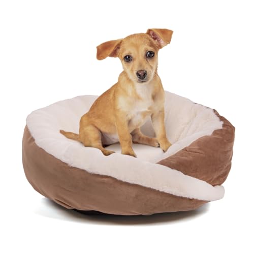 Wallace & Jones | Hundebett rund Grace - gemütliches Hundekörbchen kleine Hunde | Hundekissen, Hundebett mit Rand, rutschfest | braun-beige | Größe S | ca. 43 x 43 x 15 cm von Wallace & Jones