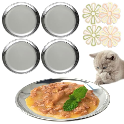 Katzenfutterschalen aus Edelstahl, Katzenfutter, Wasser, flache Schale für Haustiere, Entlastung, Schnurrhaar, Müdigkeit, Haustiergeschirr mit rutschfesten Tischsets (237 ml, 4 Sets) von Wallspet