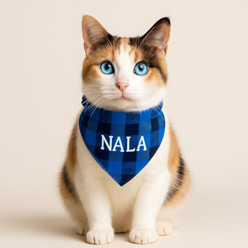 Wanapix | Personalisierbares Hunde-Halstuch| Mit Namen oder Foto Personalisieren | Verstellbares Bandana für Hunde und Katzen | Blau| Karomuster von Wanapix