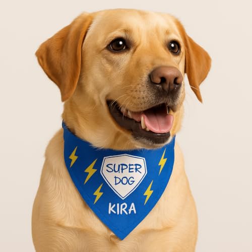 Wanapix | Personalisierbares Hunde-Halstuch| Mit Namen oder Foto Personalisieren | Verstellbares Bandana für Hunde und Katzen | Blau| Super Dog von Wanapix