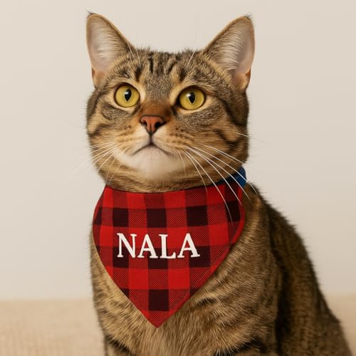 Wanapix | Personalisierbares Hunde-Halstuch| Mit Namen oder Foto Personalisieren | Verstellbares Bandana für Hunde und Katzen | Rot | Karomuster von Wanapix