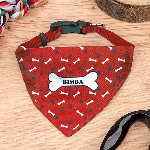 Wanapix | Personalisierbares Hunde-Halstuch| Mit Namen oder Foto Personalisieren | Verstellbares Bandana für Hunde und Katzen | Rot | Pfotenabdrücke und Knochen von Wanapix