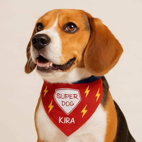 Wanapix | Personalisierbares Hunde-Halstuch| Mit Namen oder Foto Personalisieren | Verstellbares Bandana für Hunde und Katzen | Rot | Super Dog von Wanapix