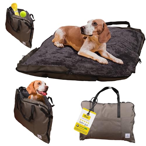Wanderpfote Hundebett für Unterwegs – hochwertiges Orthopädisches Hundebett – praktische Tragetasche für Gepäck oder Tragehilfe Hund – Hundematte OekoTex und GSR Zertifiziert (Oliv, M) von Wanderpfote