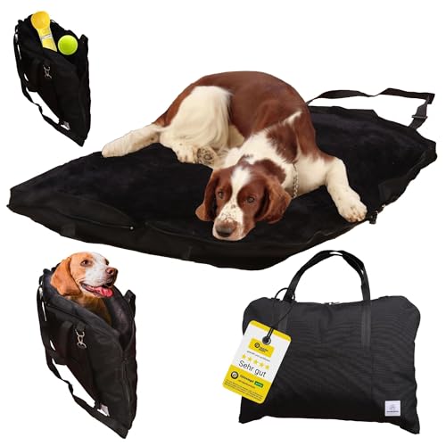 Wanderpfote Hundebett für Unterwegs – hochwertiges Orthopädisches Hundebett – praktische Tragetasche für Gepäck oder Tragehilfe Hund – Hundematte OekoTex und GSR Zertifiziert (Schwarz, L) von Wanderpfote